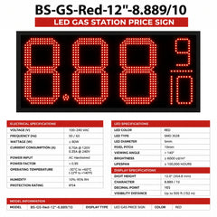 12 Inch Red LED Gas Station Price Display, 8.889/10 Digits, Double-Sided Master & Slave Sign with RF Remote, Outdoor Fuel Price Board by Gas Price Sign