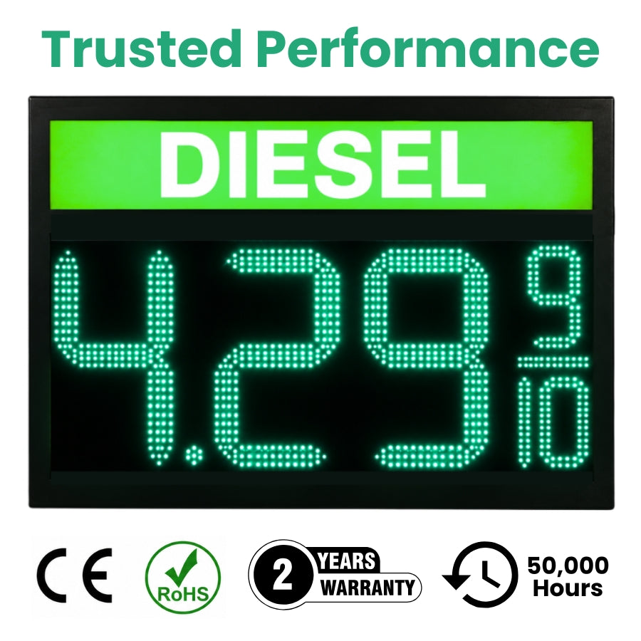 18 Inch Green LED Gas Price Sign for DIESEL at Gas Stations, 3 Large Digits with 9/10 Fraction, RF Remote Control, IP65 Weatherproof Housing, Digital Fuel Price Display, Outdoor Commercial Roadside Sign
