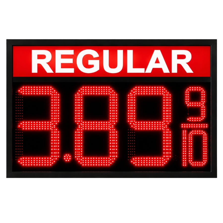16 Inch Red LED Gas Price Sign for REGULAR Fuel at Gas Stations, 3 Large Digits with 9/10 Fraction, RF Remote Control, IP65 Weatherproof Housing, Digital Fuel Price Display, Outdoor Commercial Roadside Sign