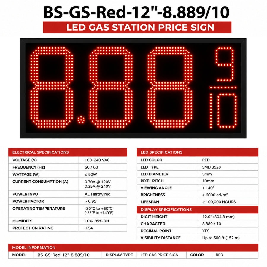 12 Inch Red LED Gas Station Price Display, 8.889/10 Digits, Double-Sided Master & Slave Sign with RF Remote, Outdoor Fuel Price Board by Gas Price Sign