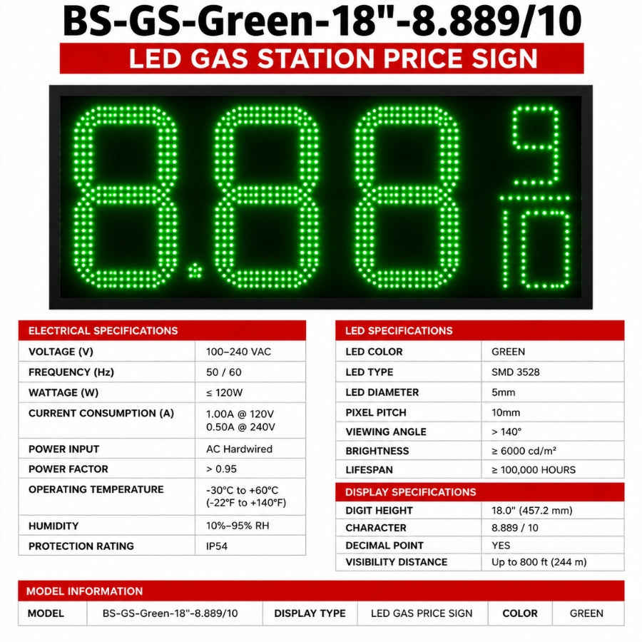 18 Inch Green LED Gas Price Sign, Outdoor Digital Fuel Price Display 8.889/10 with RF Remote, Master & Slave Sign by Gas Price Sign