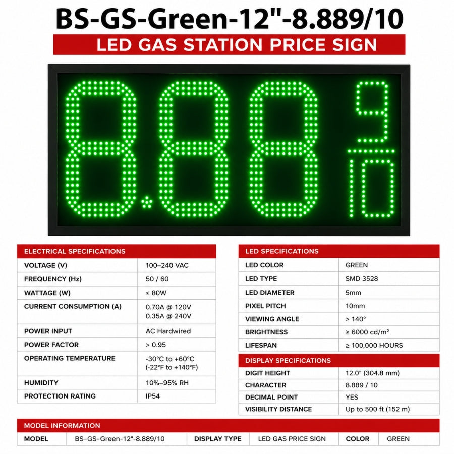12 Inch Green LED Fuel Price Display, 8.889/10 Digital Gas Station Sign with RF Remote, Master & Slave Outdoor Signage by Gas Price Sign