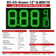 12 Inch Green LED Fuel Price Display, 8.889/10 Digital Gas Station Sign with RF Remote, Master & Slave Outdoor Signage by Gas Price Sign