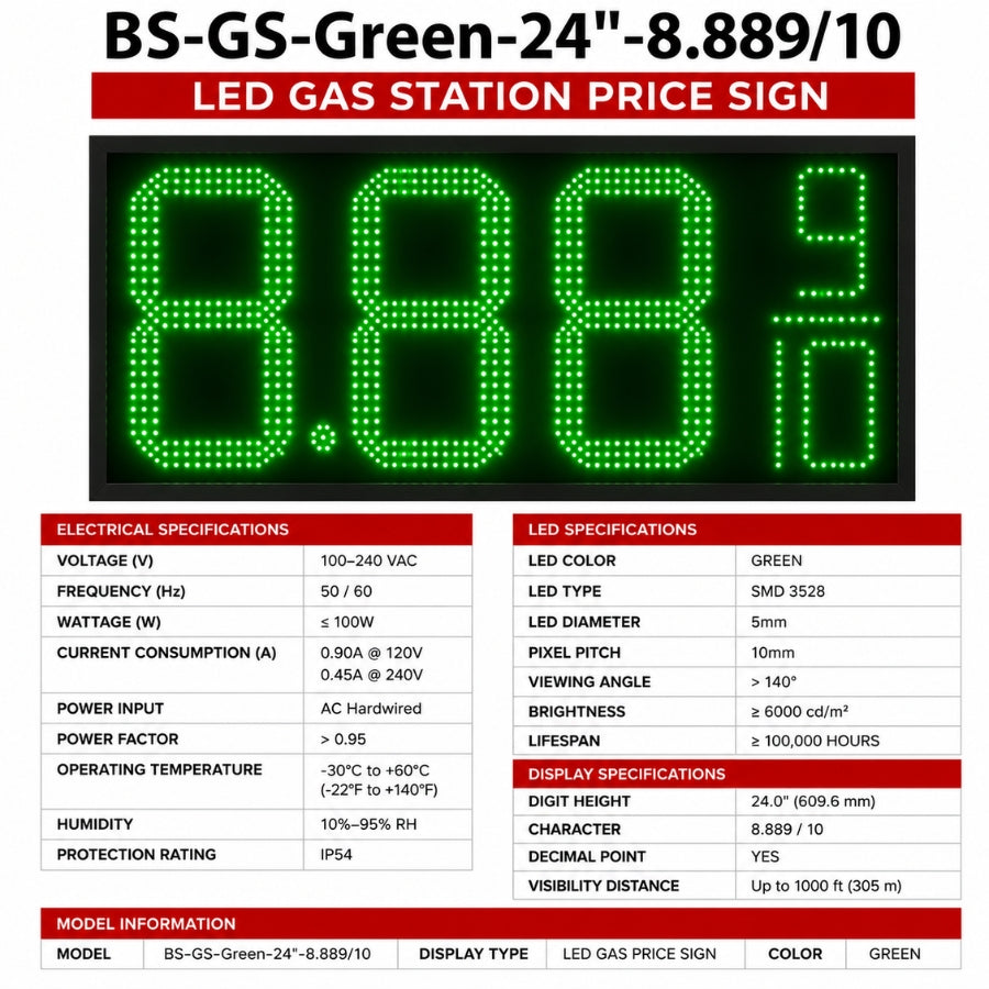 24 Inch Green LED Fuel Price Display Sign, Outdoor Gas Station Price Board 8.889/10 with RF Remote by Gas Price Sign