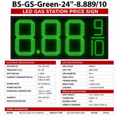 24 Inch Green LED Fuel Price Display Sign, Outdoor Gas Station Price Board 8.889/10 with RF Remote by Gas Price Sign