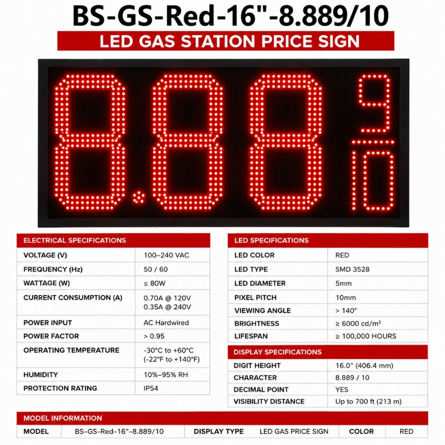 16 Inch Red LED Gas Price Sign, Outdoor Digital Fuel Price Board 8.889/10 with RF Remote, Master & Slave Commercial Display by Gas Price Sign