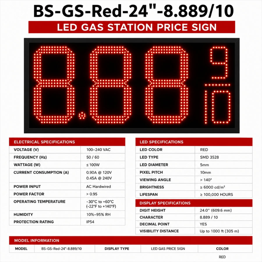 24 Inch Red LED Gas Price Display Sign, Outdoor Fuel Price Board 8.889/10 with RF Remote, Double-Sided Master & Slave Sign by Gas Price Sign