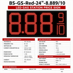 24 Inch Red LED Gas Price Display Sign, Outdoor Fuel Price Board 8.889/10 with RF Remote, Double-Sided Master & Slave Sign by Gas Price Sign