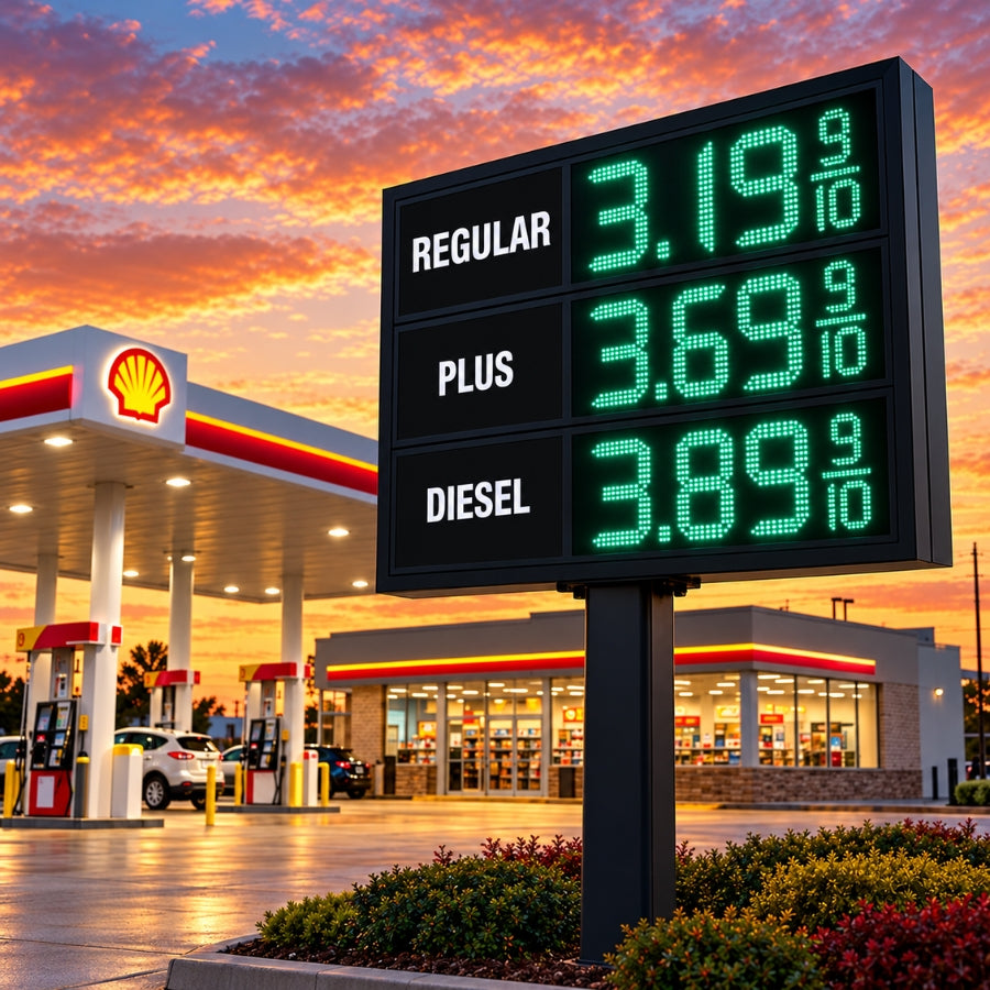 24 Inch Green LED Gas Price Sign for Gas Stations, 3 Large Digits with 9/10 Fraction, RF Remote Control, IP65 Weatherproof Housing, Digital Fuel Price Display for REGULAR, PLUS & DIESEL, Outdoor Commercial Roadside Sign