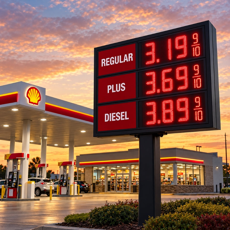 18 Inch Red LED Gas Price Sign for Gas Stations, 3 Large Digits with 9/10 Fraction, RF Remote Control, IP65 Weatherproof Housing, Digital Fuel Price Display for REGULAR, PLUS & DIESEL, Outdoor Commercial Roadside Sign