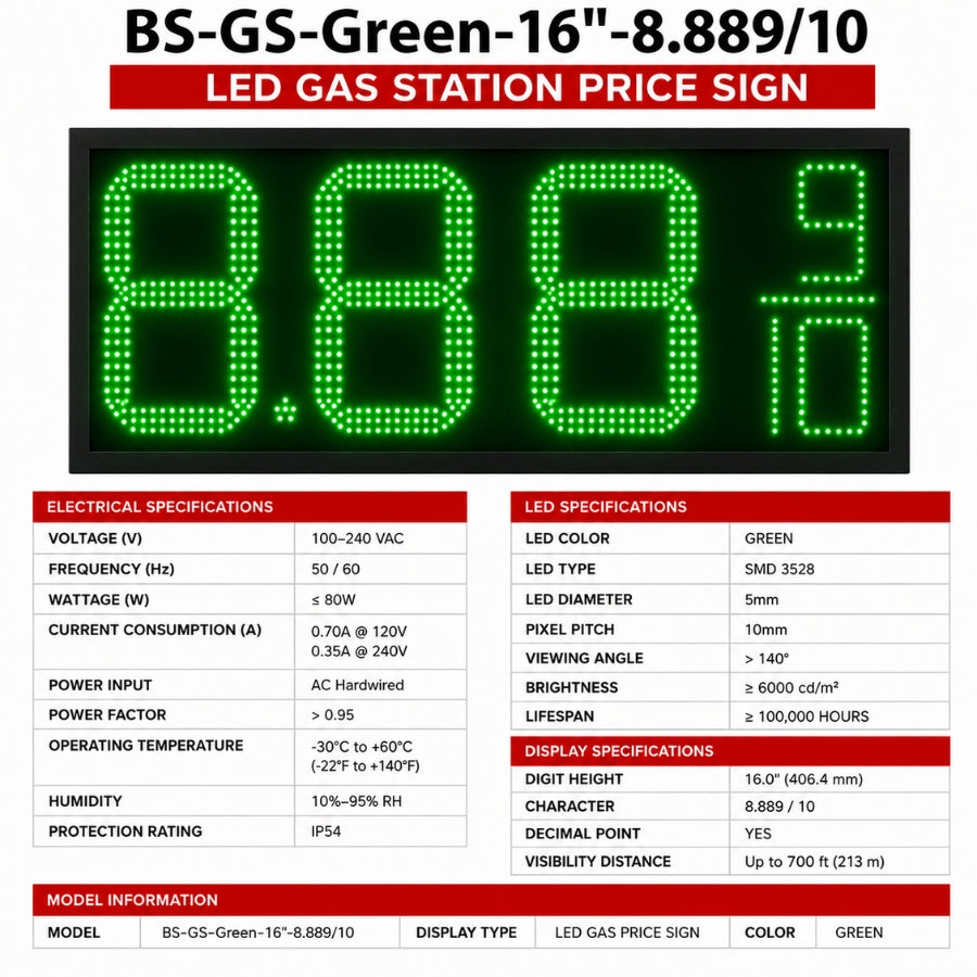 16 Inch Green LED Gas Price Display Sign, Outdoor Fuel Price Board 8.889/10 with RF Remote by Gas Price Sign