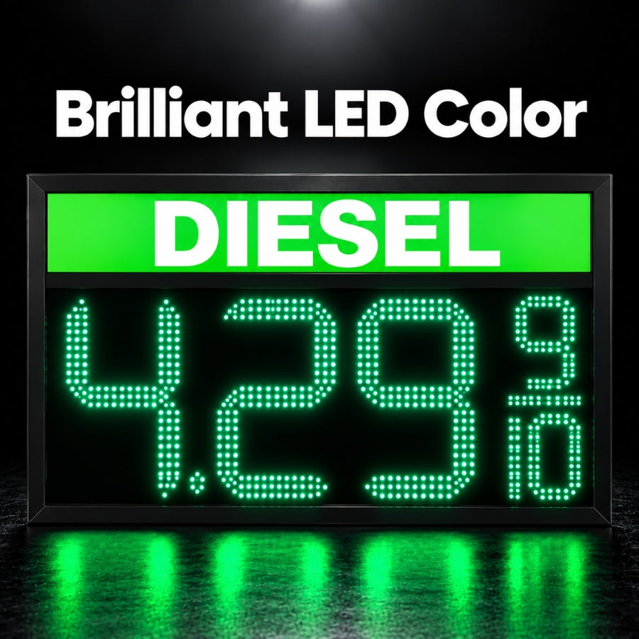 16 Inch Green LED Gas Price Sign for DIESEL at Gas Stations, 3 Large Digits with 9/10 Fraction, RF Remote Control, IP65 Weatherproof Housing, Digital Fuel Price Display, Outdoor Commercial Roadside Sign