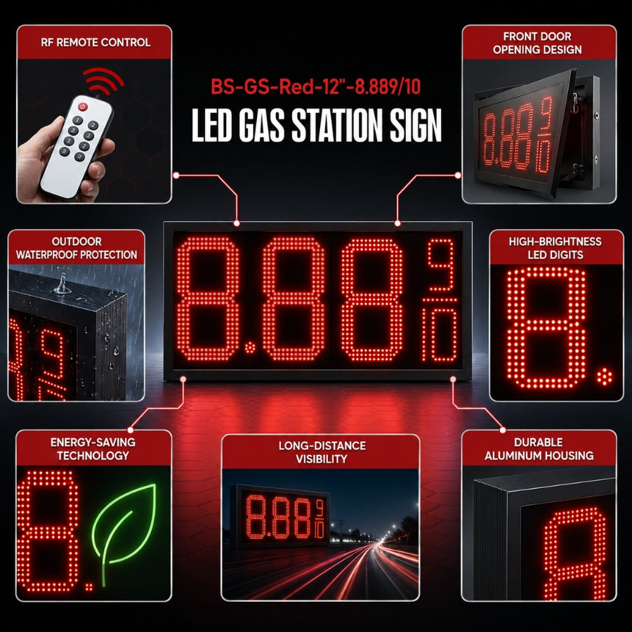 12 Inch Red LED Gas Station Price Display, 8.889/10 Digits, Double-Sided Master & Slave Sign with RF Remote, Outdoor Fuel Price Board by Gas Price Sign