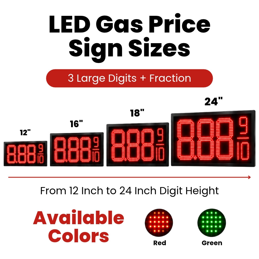 16 Inch Red LED Gas Price Sign for Gas Stations, 3 Large Digits with 9/10 Fraction, RF Remote Control, IP65 Weatherproof Housing, Digital Fuel Price Display for REGULAR, PLUS & DIESEL, Outdoor Commercial Roadside Sign