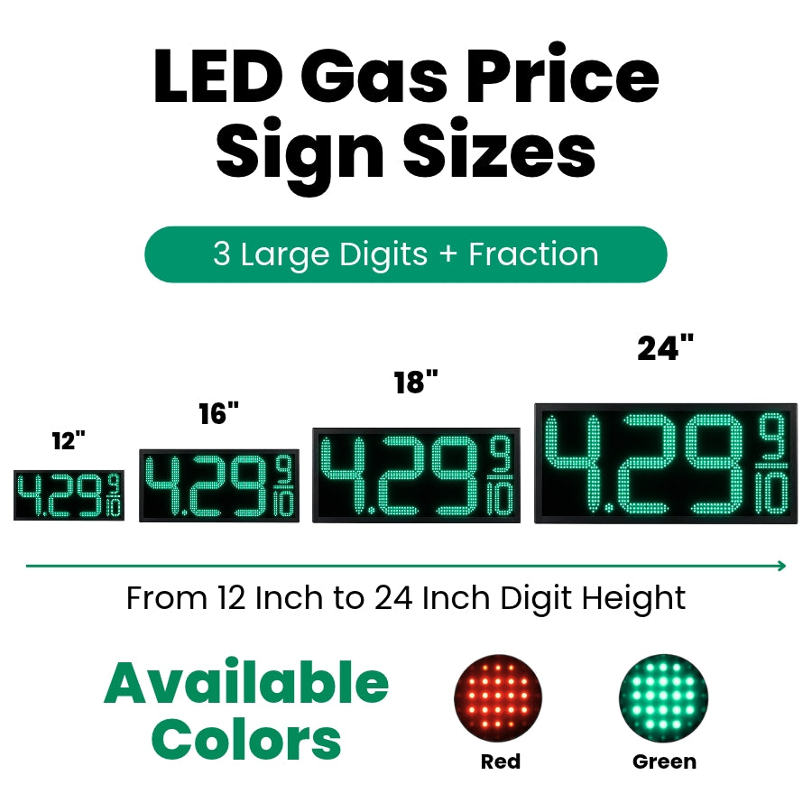 12 Inch Green LED Gas Price Sign for Gas Stations, 3 Large Digits with 9/10 Fraction, RF Remote Control, IP65 Weatherproof Housing, Digital Fuel Price Display for REGULAR, PLUS & DIESEL, Outdoor Commercial Roadside Sign