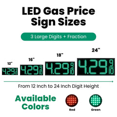 12 Inch Green LED Gas Price Sign for Gas Stations, 3 Large Digits with 9/10 Fraction, RF Remote Control, IP65 Weatherproof Housing, Digital Fuel Price Display for REGULAR, PLUS & DIESEL, Outdoor Commercial Roadside Sign