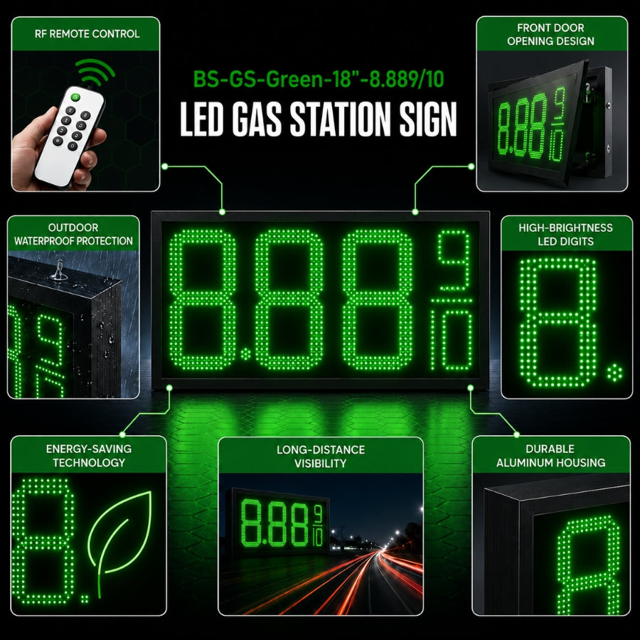 18 Inch Green LED Gas Price Sign, Outdoor Digital Fuel Price Display 8.889/10 with RF Remote, Master & Slave Sign by Gas Price Sign