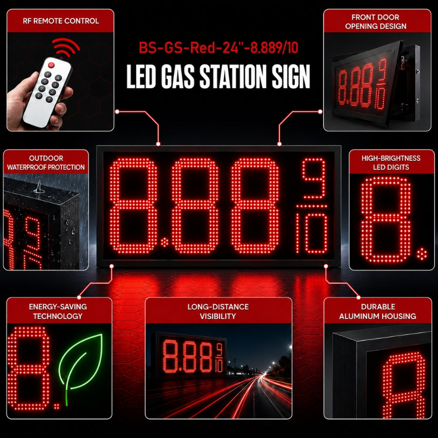 24 Inch Red LED Gas Price Display Sign, Outdoor Fuel Price Board 8.889/10 with RF Remote, Double-Sided Master & Slave Sign by Gas Price Sign