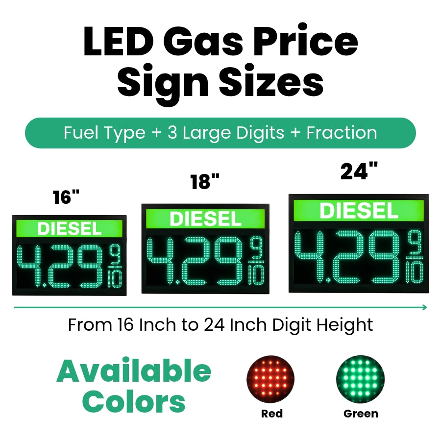 16 Inch Green LED Gas Price Sign for DIESEL at Gas Stations, 3 Large Digits with 9/10 Fraction, RF Remote Control, IP65 Weatherproof Housing, Digital Fuel Price Display, Outdoor Commercial Roadside Sign