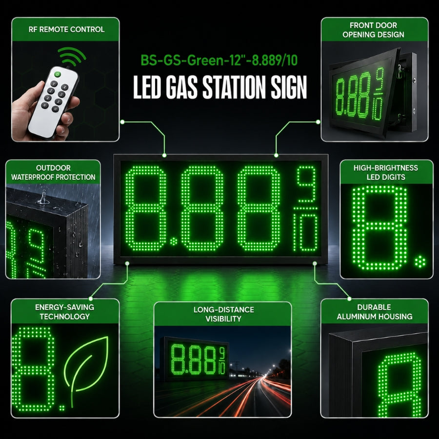 12 Inch Green LED Fuel Price Display, 8.889/10 Digital Gas Station Sign with RF Remote, Master & Slave Outdoor Signage by Gas Price Sign