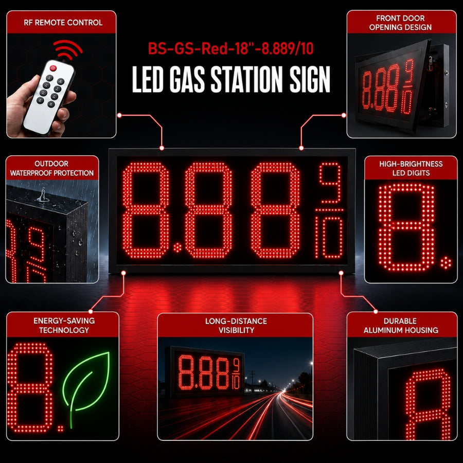 18 Inch Red LED Gas Station Price Display, 8.889/10 Digital Fuel Price Board with RF Remote, Master & Slave Outdoor Signage by Gas Price Sign