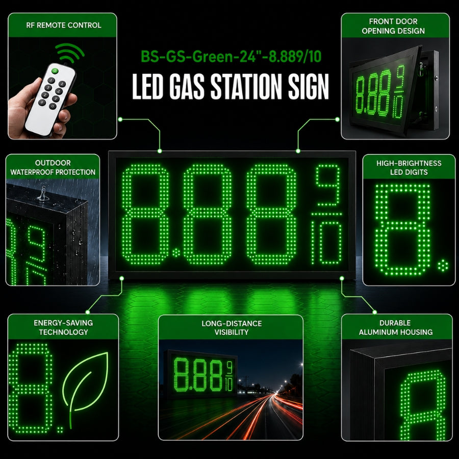 24 Inch Green LED Fuel Price Display Sign, Outdoor Gas Station Price Board 8.889/10 with RF Remote by Gas Price Sign