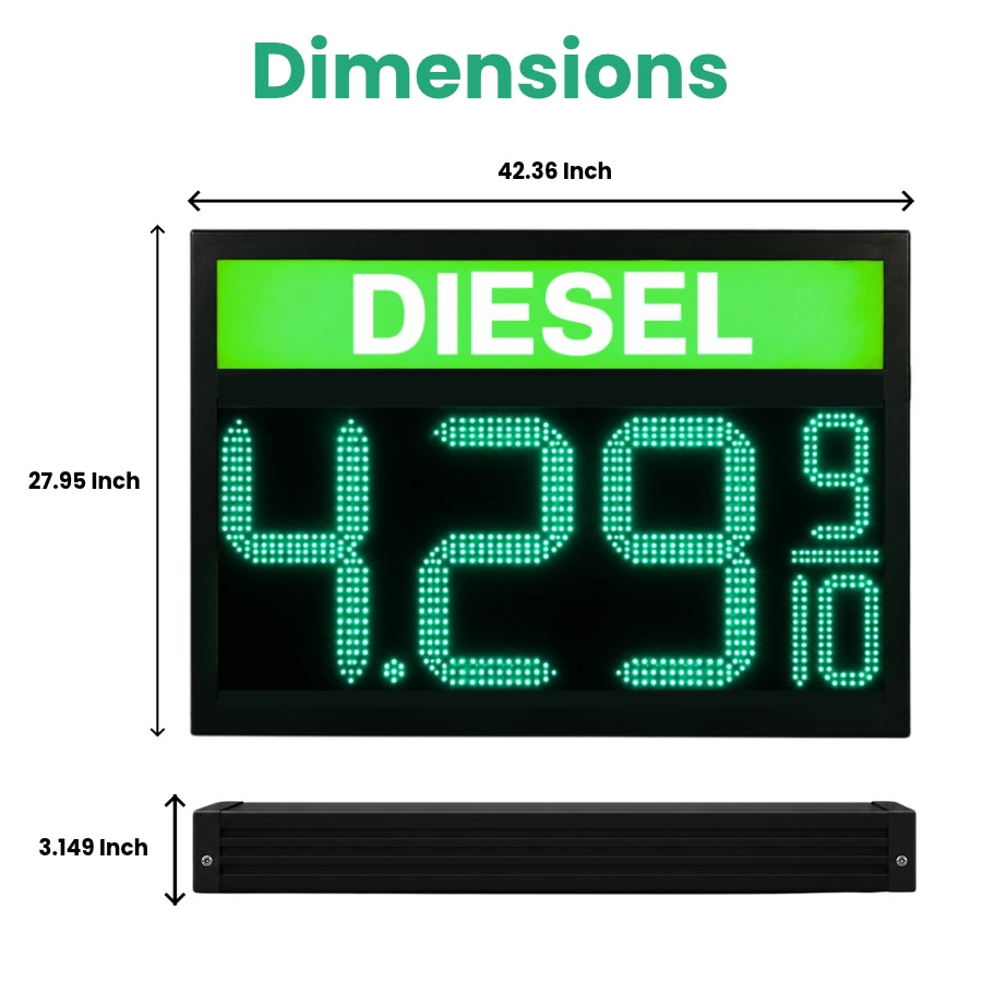 16 Inch Green LED Gas Price Sign for DIESEL at Gas Stations, 3 Large Digits with 9/10 Fraction, RF Remote Control, IP65 Weatherproof Housing, Digital Fuel Price Display, Outdoor Commercial Roadside Sign