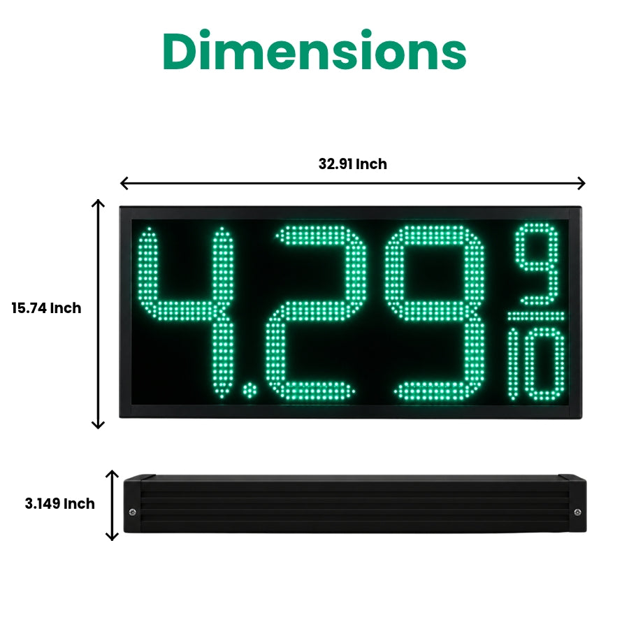 12 Inch Green LED Gas Price Sign for Gas Stations, 3 Large Digits with 9/10 Fraction, RF Remote Control, IP65 Weatherproof Housing, Digital Fuel Price Display for REGULAR, PLUS & DIESEL, Outdoor Commercial Roadside Sign
