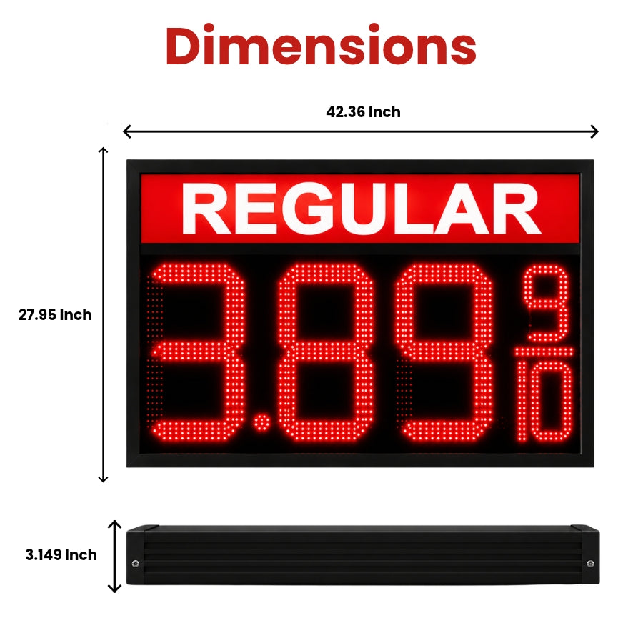 16 Inch Red LED Gas Price Sign for REGULAR Fuel at Gas Stations, 3 Large Digits with 9/10 Fraction, RF Remote Control, IP65 Weatherproof Housing, Digital Fuel Price Display, Outdoor Commercial Roadside Sign