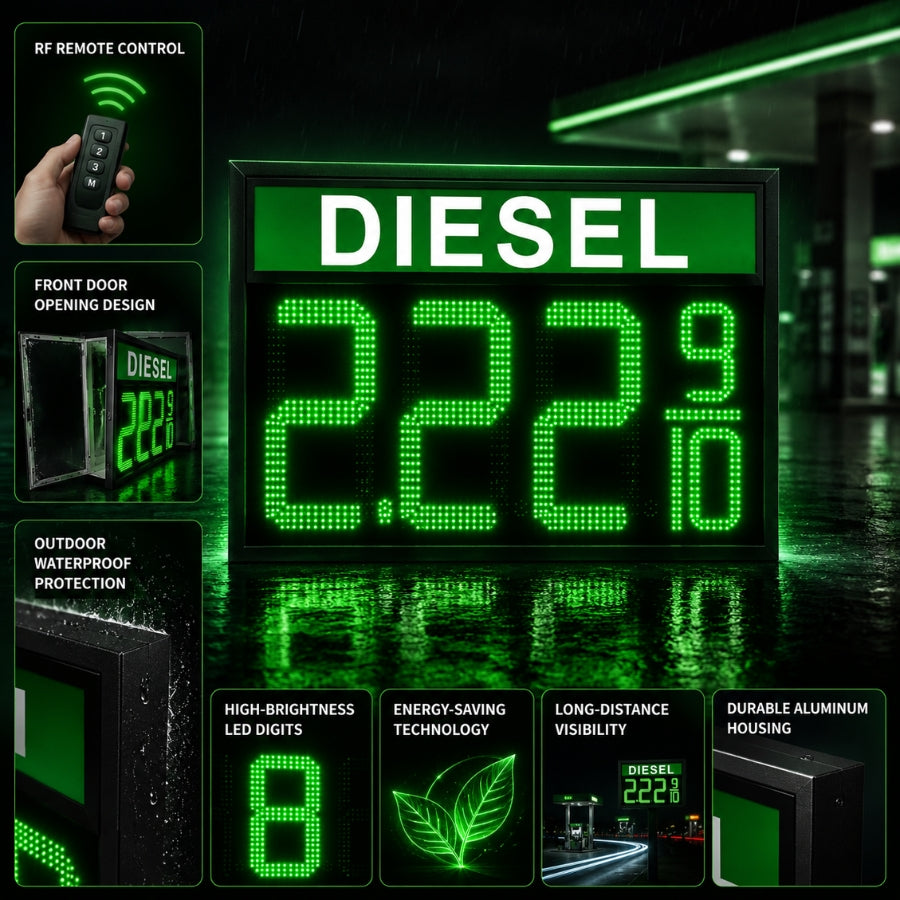 18 Inch Green LED DIESEL Gas Price Display, Outdoor Fuel Price Board 8.889/10 with RF Remote by Gas Price Sign